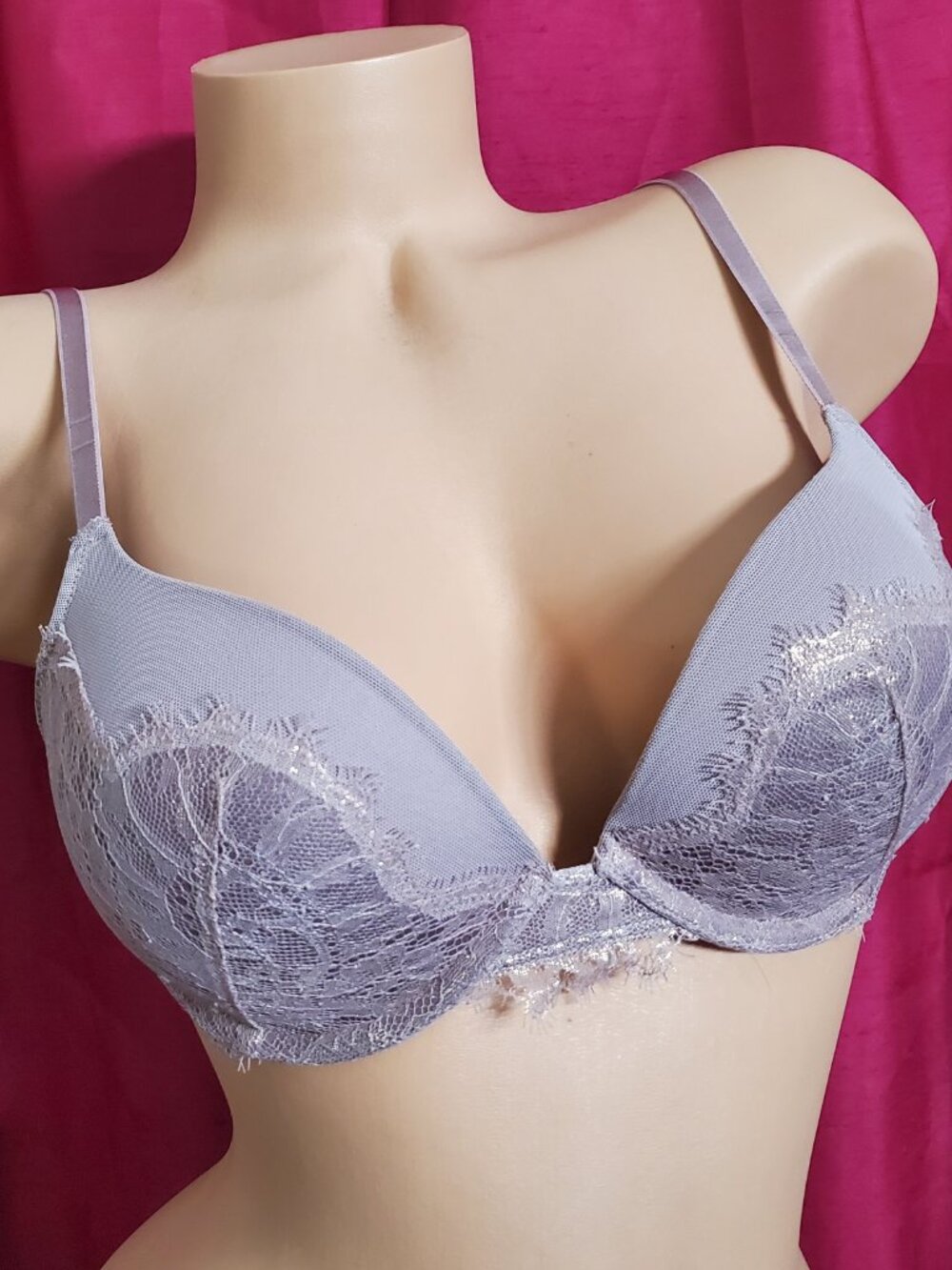 Victorias Secret Dream Angels Mauve Pink Gold Lace Push Up Bra Size 34C Shimmer
